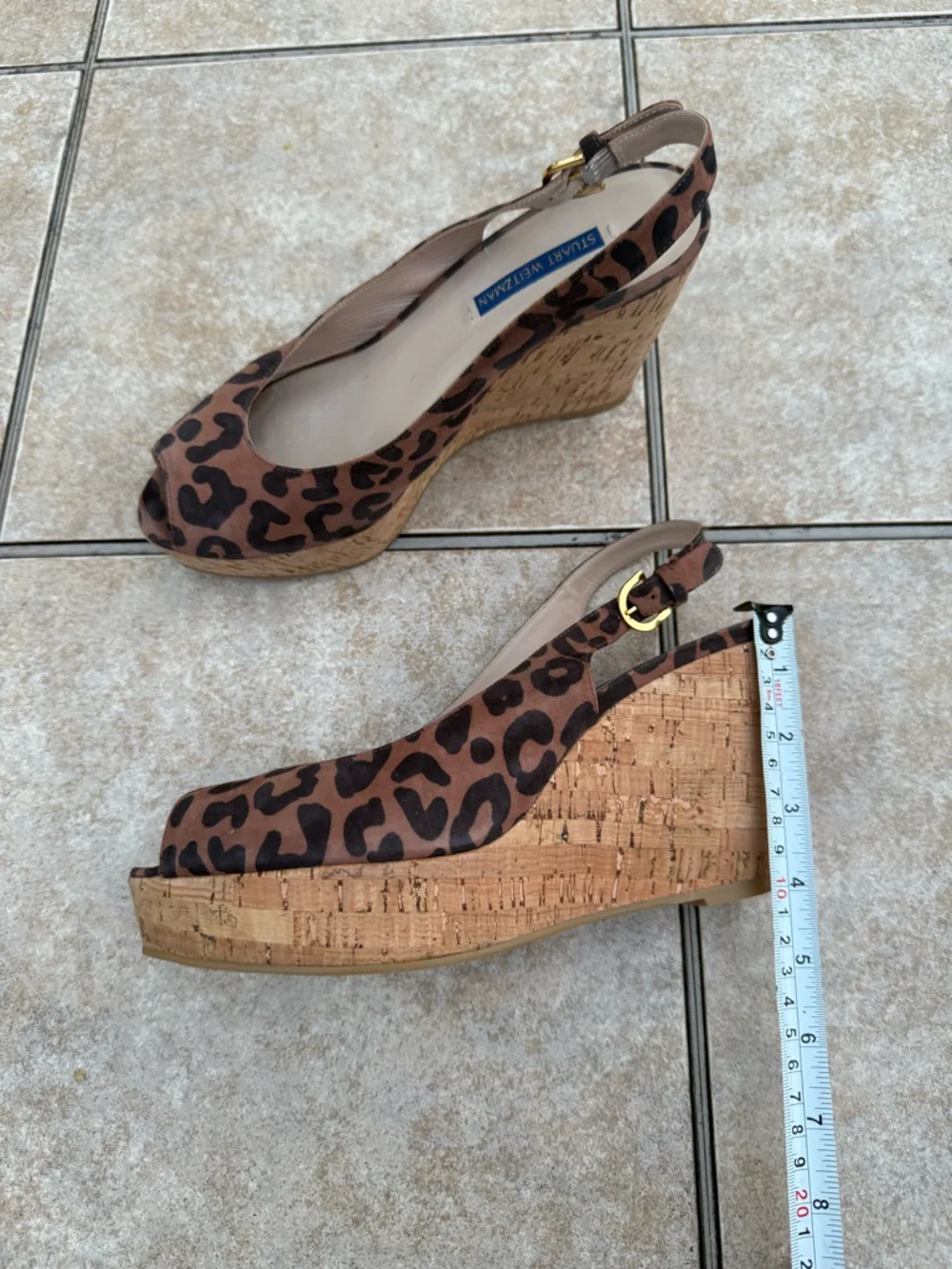 Stuart Weitzman Leopard Print Brown Cork Wedge Slingbacks - Picture 8 of 15